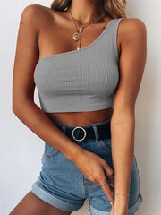 Oblique Shoulder  Hollowing Out Mdriff Baring Sleeveless Tanks