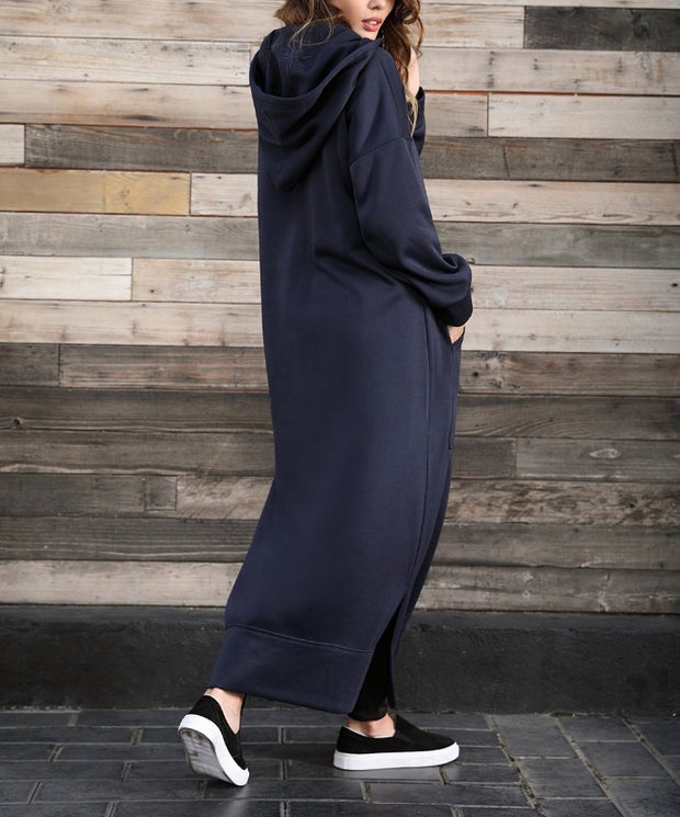 Autumn Winter New Loose Velvet Casual Fashion Big Pocket Knitted Hooded Maxi Dress