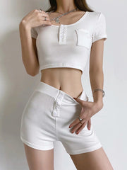 U-Neck Short Sleeve Top High-Waisted Shorts Button Casual Suit