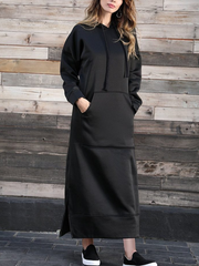 Autumn Winter New Loose Velvet Casual Fashion Big Pocket Knitted Hooded Maxi Dress