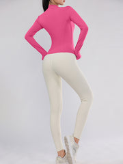 Long Sleeves Skinny Solid Color Zipper Stand Collar Yoga Tops