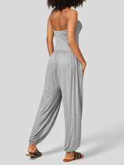 Loose Sleeveless Pleated Pockets Solid Color Tube Jumpsuits