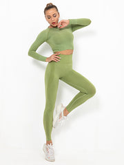 Seamless Knitting Long Sleeves Mdriff Baring Gym Suits