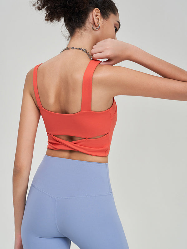 Wrap Hollow Solid Color Spaghetti-Neck Sports Bra