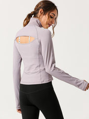 Solid Color Zipper Long Sleeves Back Cut Out Sports Tees