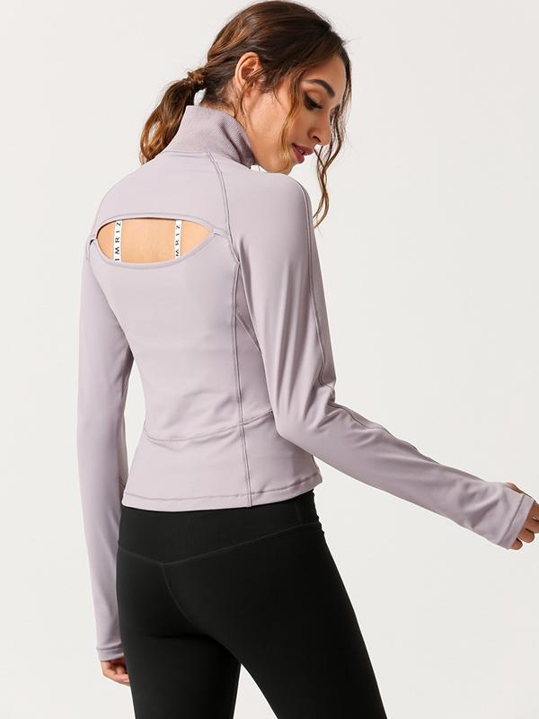 Solid Color Zipper Long Sleeves Back Cut Out Sports Tees