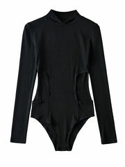 Hollowed Out Waist Hight Collar Soild Tight Fitting Bodysuits