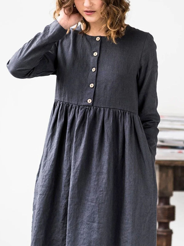 Round Neck Solid Color Buttoned Cotton And Linen Dress