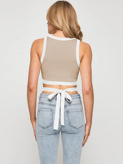 Wrap Cropped Color-Block Bandage Tank Round-Neck T-Shirts