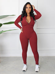 Skinny Solid Color Zipper Jumpsuits