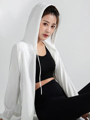 Long Sleeves Loose Hood Pockets Solid Color Zipper Yoga Tops