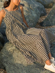 Beach Plaid Halter Women's Cotton Linen Dress