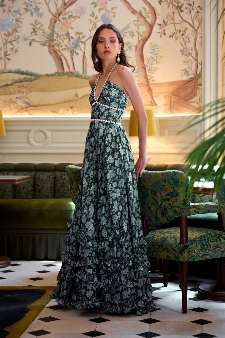 The Scarlette Dress in Emerald Peony Print
