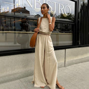 Casual Solid Color Sleeveless Top and Wide Leg Pants Set