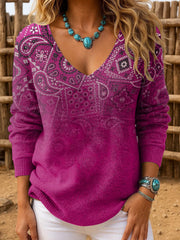 Women's Casual Retro Western Pattern Gradient Striped Long-Sleeved Top