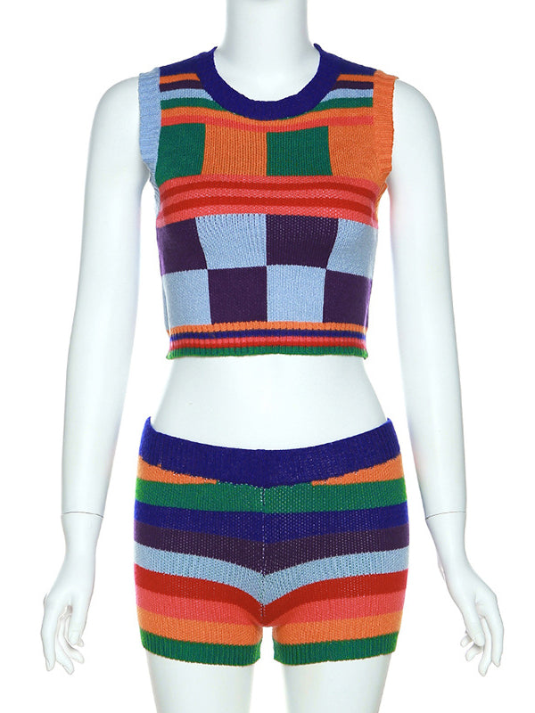 Sleeveless Multi-Colored Round-Neck Tank&Shorts Suits