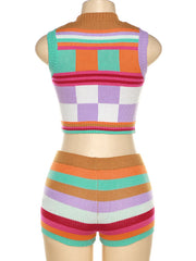 Sleeveless Multi-Colored Round-Neck Tank&Shorts Suits