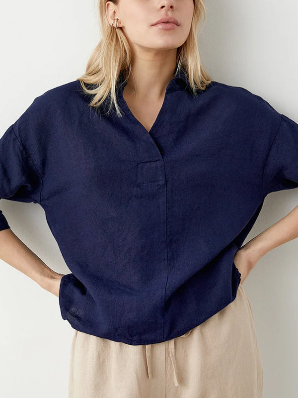 Lapel Cotton And Linen Solid Color Top