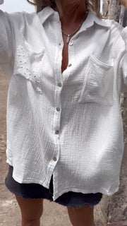 Cotton Lapel Button Shirt with Two Pockets