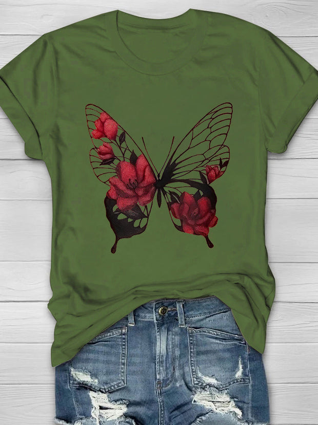 Flower Butterfly Printed Women's Crew Neck T-shirt