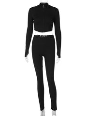 Cropped Wrap High-Waisted Solid Color Zipper Tee&Pants Suits