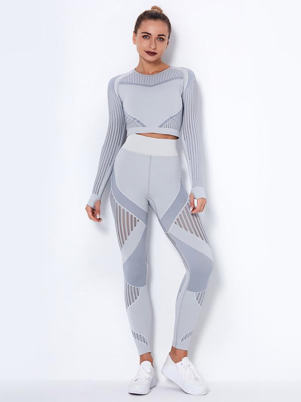 Contrast Color Long Sleeves Exposed Navel Tees&Leggings Sports Suits