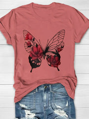 Flower Butterfly Printed Women's Crew Neck T-shirt