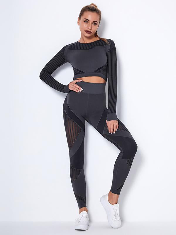 Contrast Color Long Sleeves Exposed Navel Tees&Leggings Sports Suits