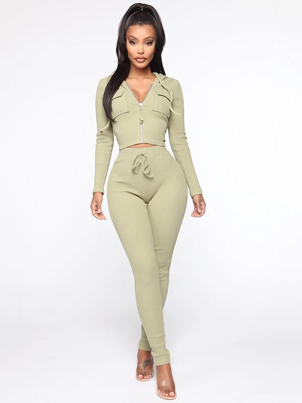 Wrap Solid Color Zipper Hooded Sweatshirt&Leggings Suits