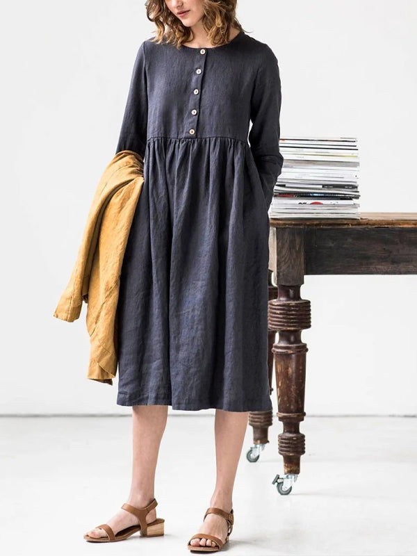 Round Neck Solid Color Buttoned Cotton And Linen Dress