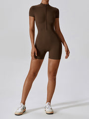 Wrap Solid Color Zipper Round-Neck Sports Rompers