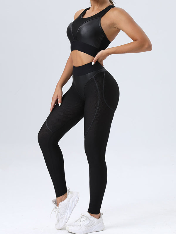 Skinny Wrap Contrast Color Spaghetti-Neck Sports Bra&Leggings Suits