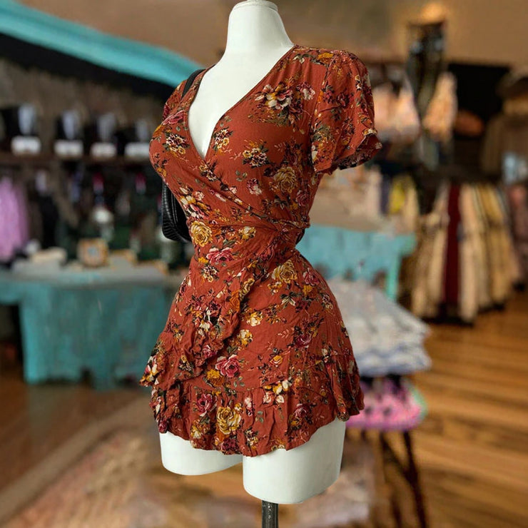 Summer Women's V Neck Short-Sleeved Chiffon Printed Dress