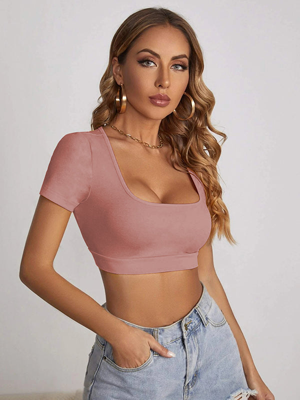 Cropped Skinny Solid Color T-Shirts Square-Neck Tank