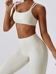 Wrap Back Cross Hollow Solid Color Spaghetti-Neck Sports Bra