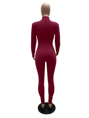 Long Sleeves Skinny Solid Color Zipper Jumpsuits