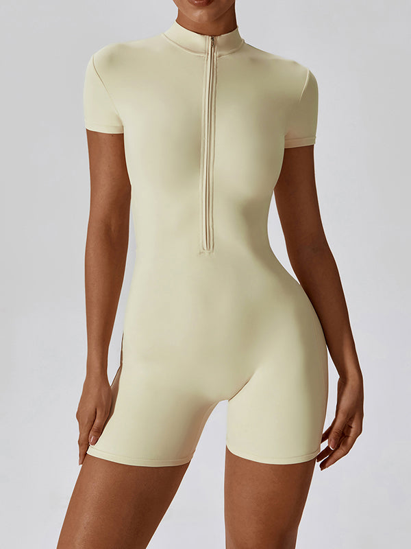 Wrap Solid Color Zipper Round-Neck Sports Rompers