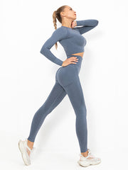 Seamless Knitting Long Sleeves Mdriff Baring Gym Suits