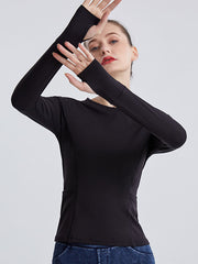 Long Sleeves Wrap Pockets Solid Color Round-Neck Yoga Tops