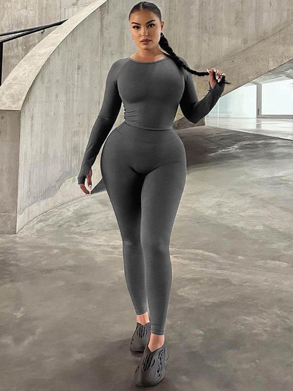 Long Sleeves Solid Color Round-Neck Yoga Suits