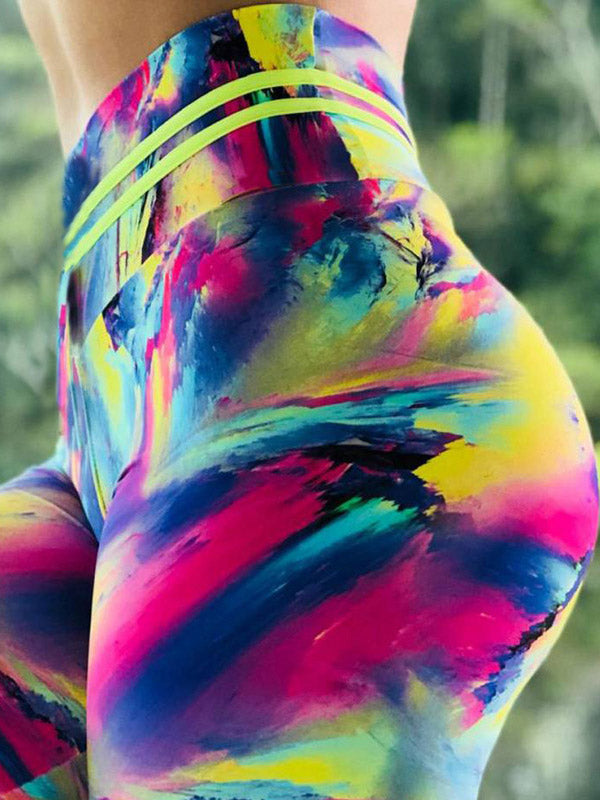 Abstract Rainbow Digital Printing Empire Yoga Leggings