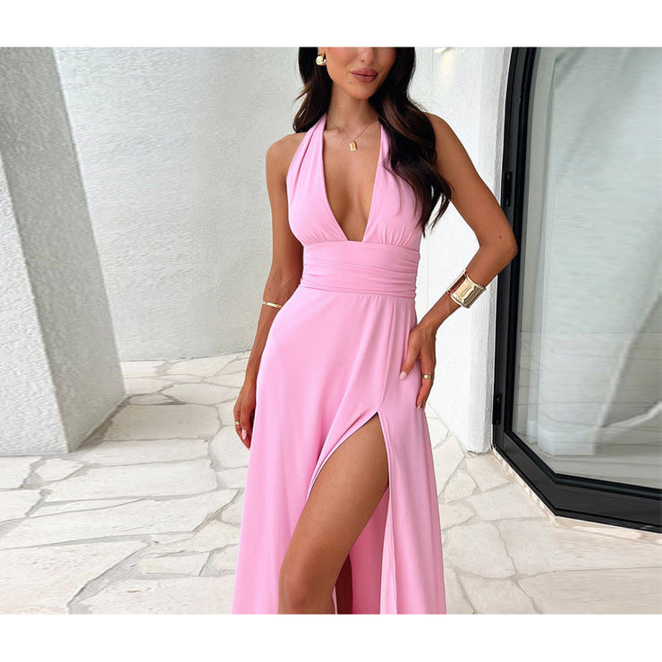 Halter neck V-neck strappy backless slit dress