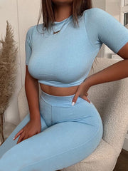 Solid Color Short Sleeve Round Neck Crop T-Shirt&Tight Hip Lift Leggings Suits