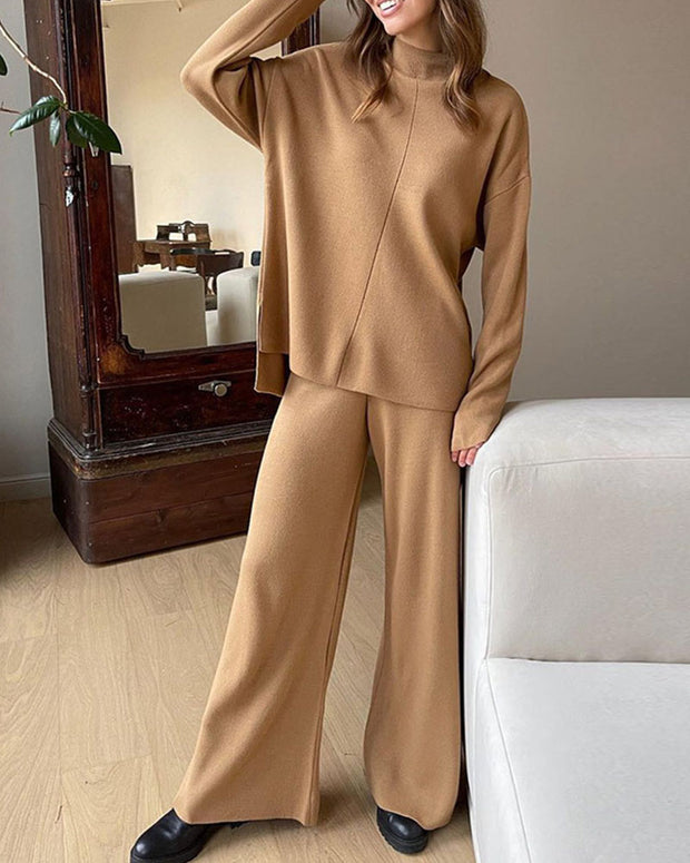 Knitted turtleneck loose top + pants two-piece set