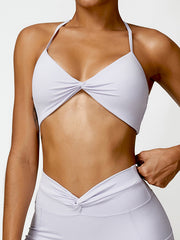 Wrap Backless Knot Solid Color Halter-Neck Sports Bra