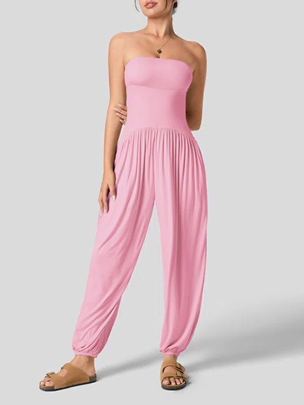 Loose Sleeveless Pleated Pockets Solid Color Tube Jumpsuits