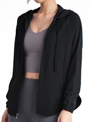 Long Sleeves Loose Hood Pockets Solid Color Zipper Yoga Tops