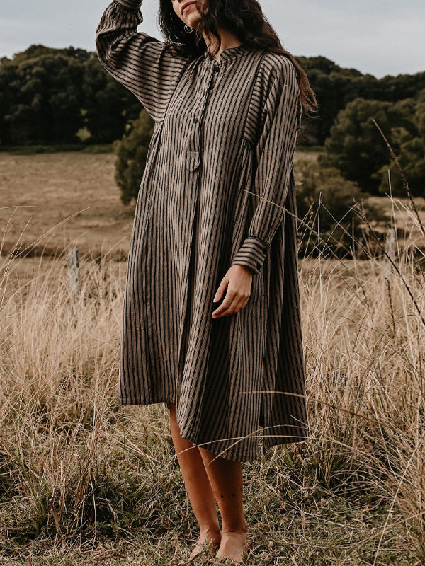 Striped Long-Sleeved Cotton And Linen Dress