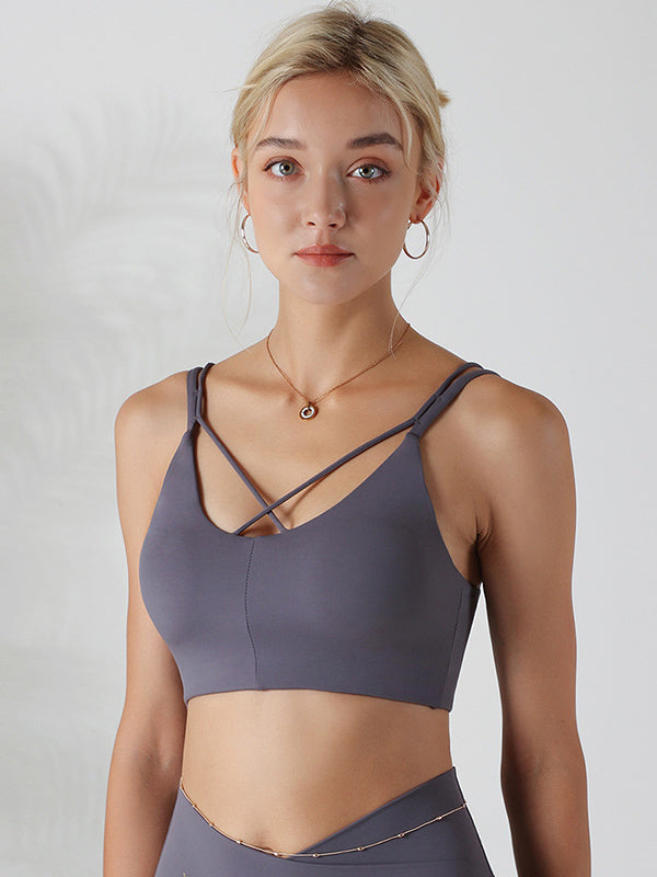 Padded Skinny Backless Hollow Solid Color Spaghetti-Neck Sports Bra