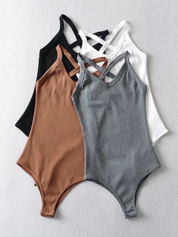 Solid Color Spaghetti-Neck Bodysuits